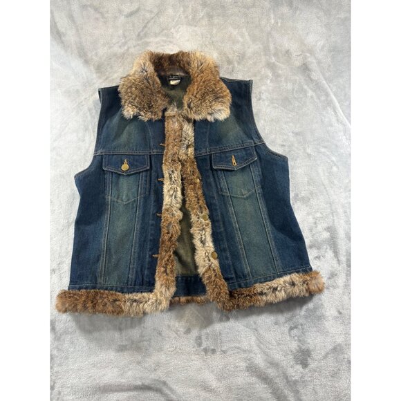Vintage Cejon Vest Women's Large blue Denim Vest With Rabbit Fur Trim & Collar - Picture 6 of 11